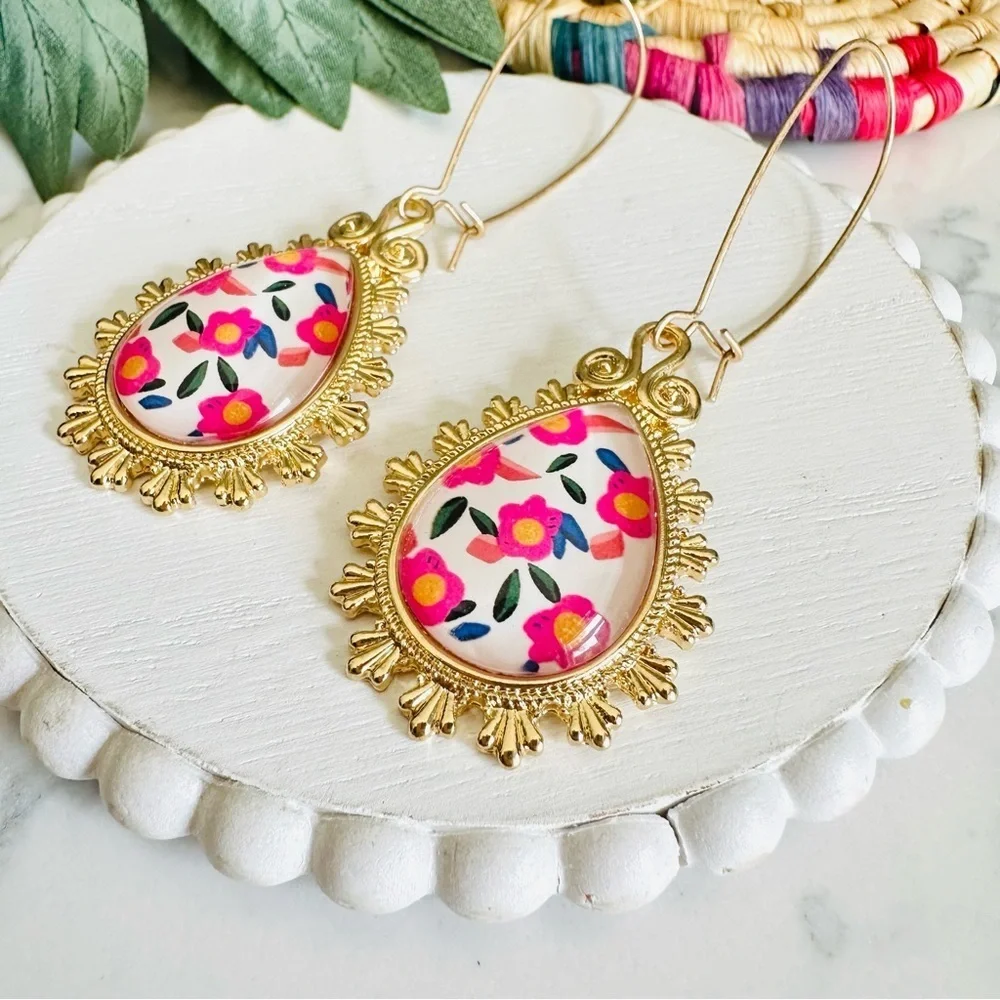 2/$30🌵 Gold Pink Floral Teardrop Cabochon Earrings NEW Jewelry Gift Long Dangle